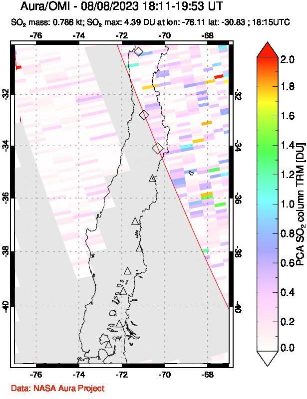 A sulfur dioxide image over Central Chile on Aug 08, 2023.