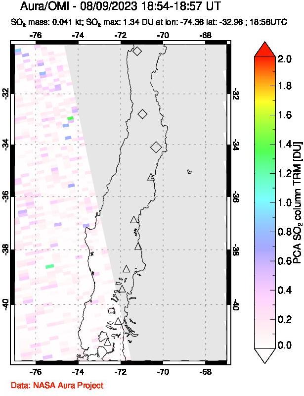 A sulfur dioxide image over Central Chile on Aug 09, 2023.