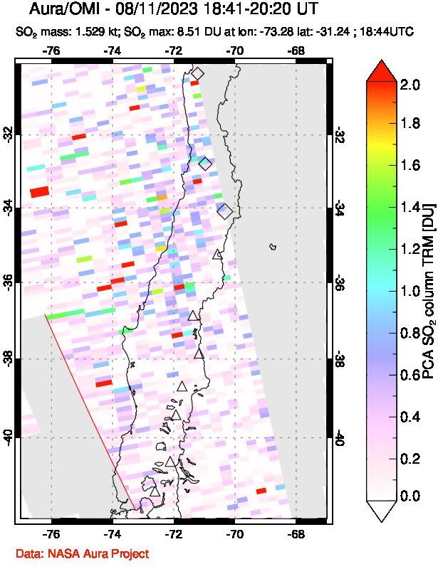 A sulfur dioxide image over Central Chile on Aug 11, 2023.