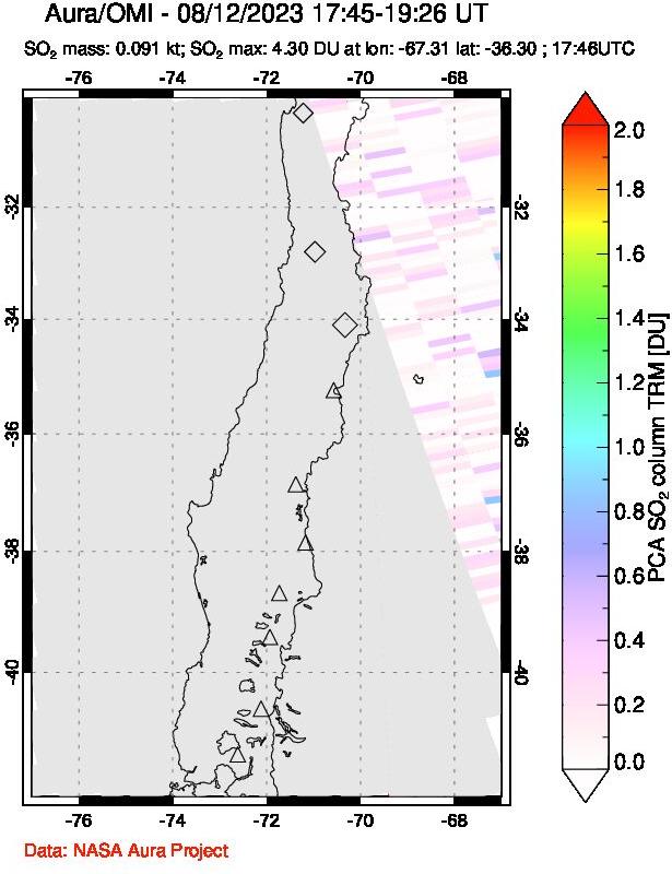 A sulfur dioxide image over Central Chile on Aug 12, 2023.