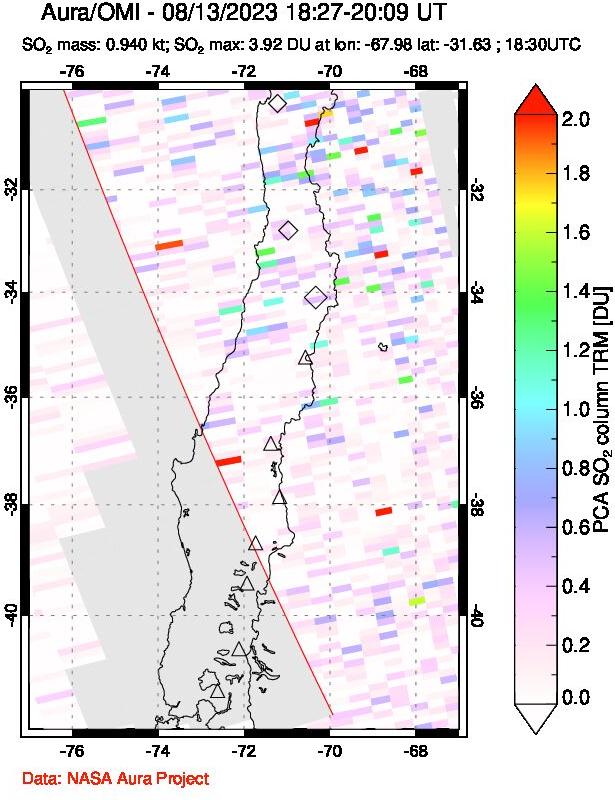 A sulfur dioxide image over Central Chile on Aug 13, 2023.