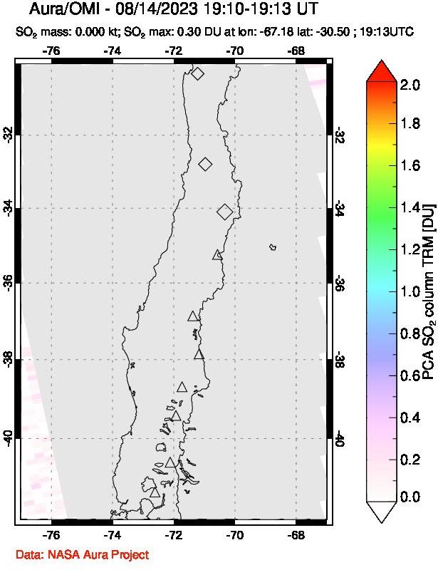 A sulfur dioxide image over Central Chile on Aug 14, 2023.