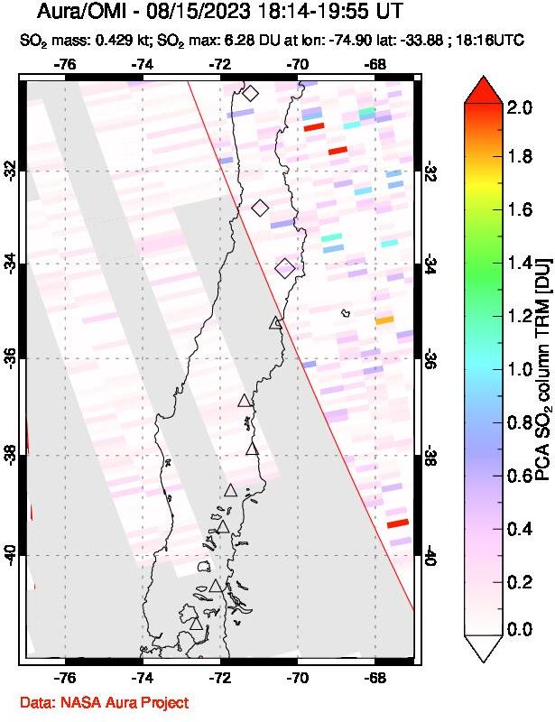 A sulfur dioxide image over Central Chile on Aug 15, 2023.