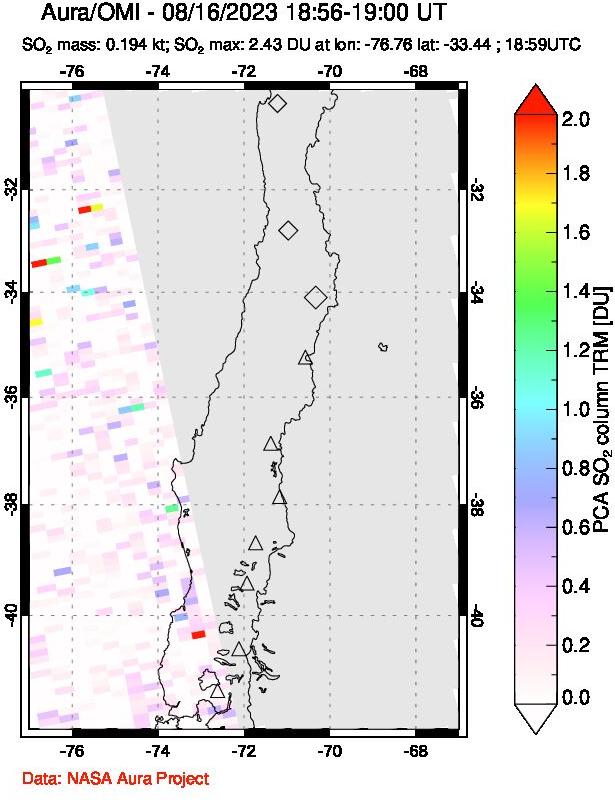 A sulfur dioxide image over Central Chile on Aug 16, 2023.