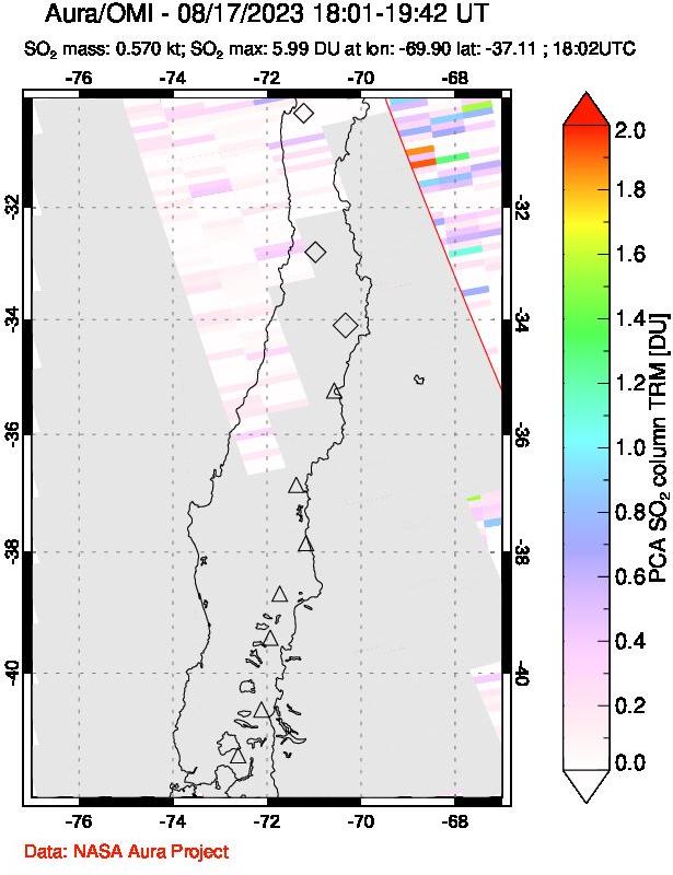 A sulfur dioxide image over Central Chile on Aug 17, 2023.