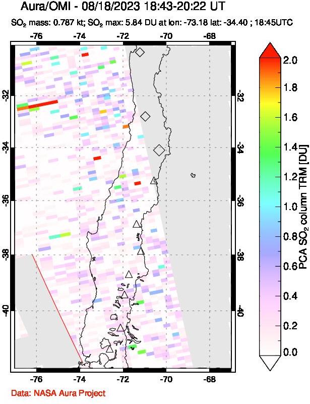 A sulfur dioxide image over Central Chile on Aug 18, 2023.