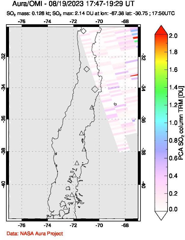 A sulfur dioxide image over Central Chile on Aug 19, 2023.