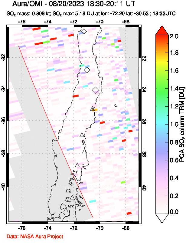 A sulfur dioxide image over Central Chile on Aug 20, 2023.