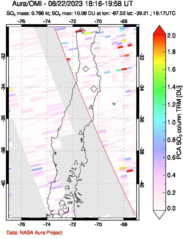 A sulfur dioxide image over Central Chile on Aug 22, 2023.