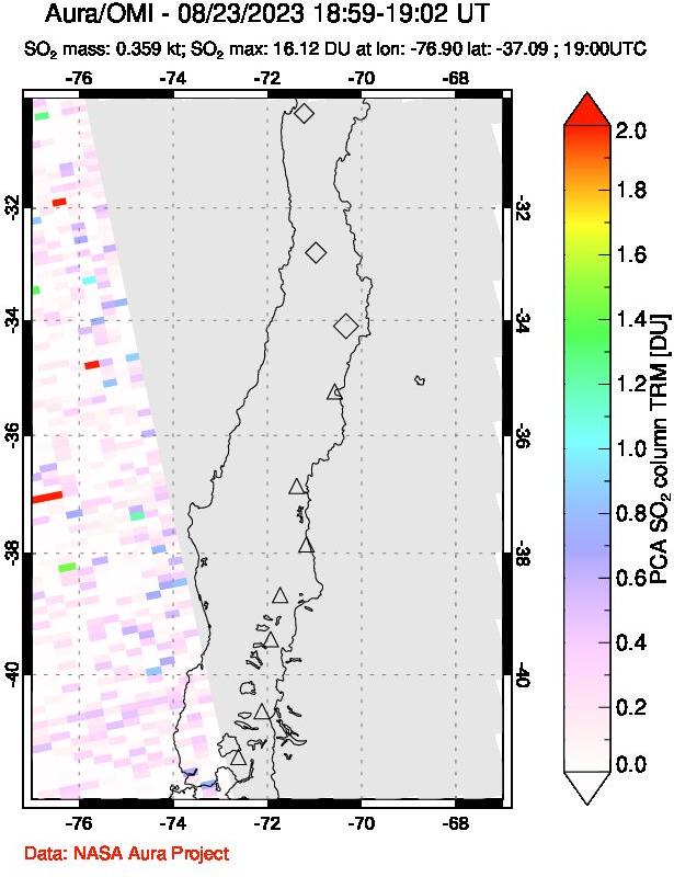 A sulfur dioxide image over Central Chile on Aug 23, 2023.