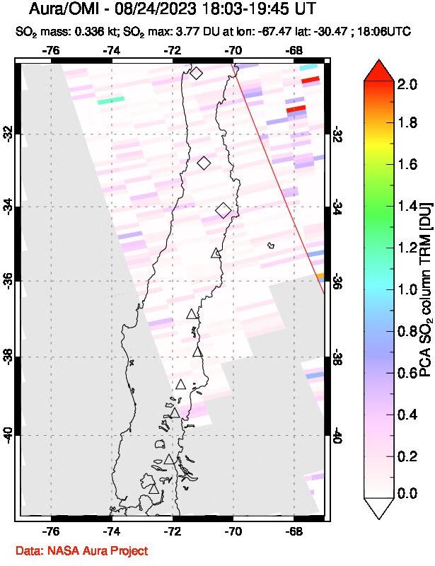 A sulfur dioxide image over Central Chile on Aug 24, 2023.