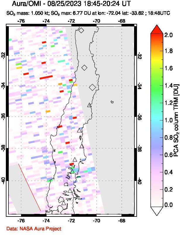 A sulfur dioxide image over Central Chile on Aug 25, 2023.