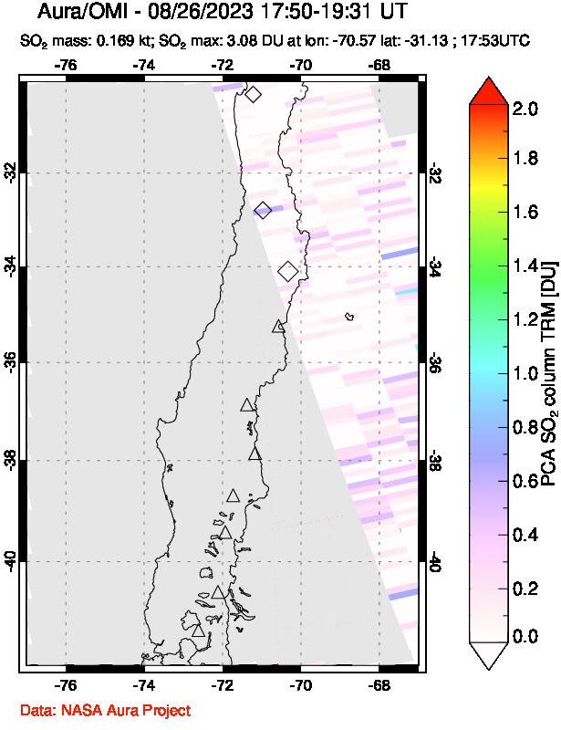 A sulfur dioxide image over Central Chile on Aug 26, 2023.