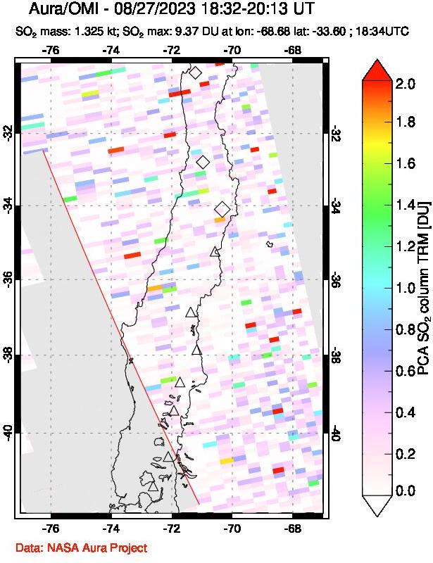 A sulfur dioxide image over Central Chile on Aug 27, 2023.