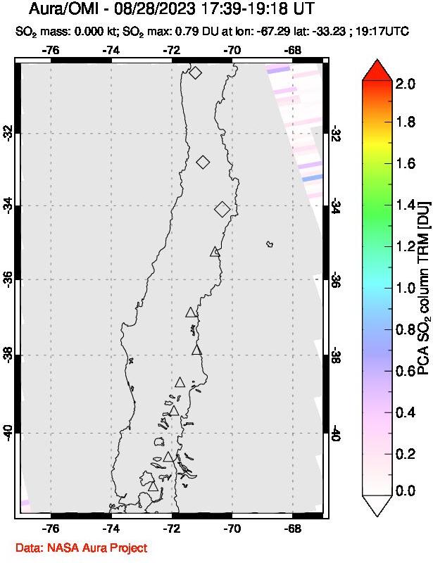 A sulfur dioxide image over Central Chile on Aug 28, 2023.