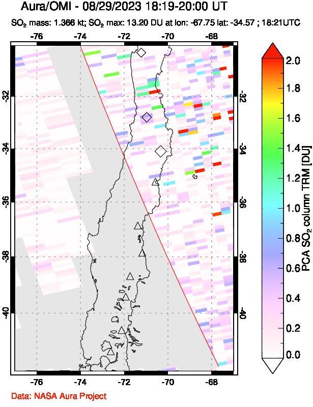 A sulfur dioxide image over Central Chile on Aug 29, 2023.