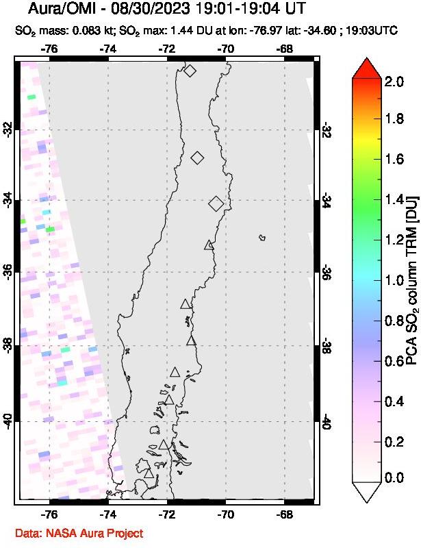 A sulfur dioxide image over Central Chile on Aug 30, 2023.