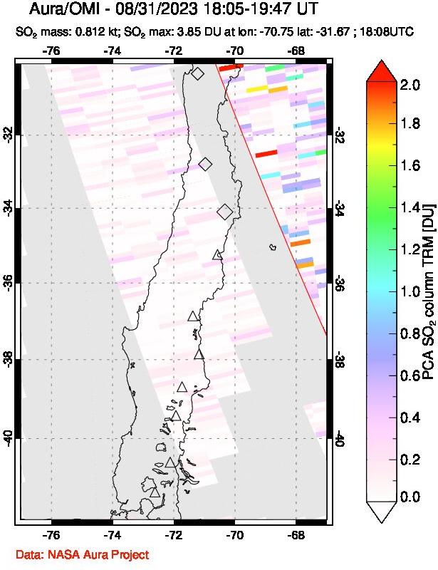 A sulfur dioxide image over Central Chile on Aug 31, 2023.