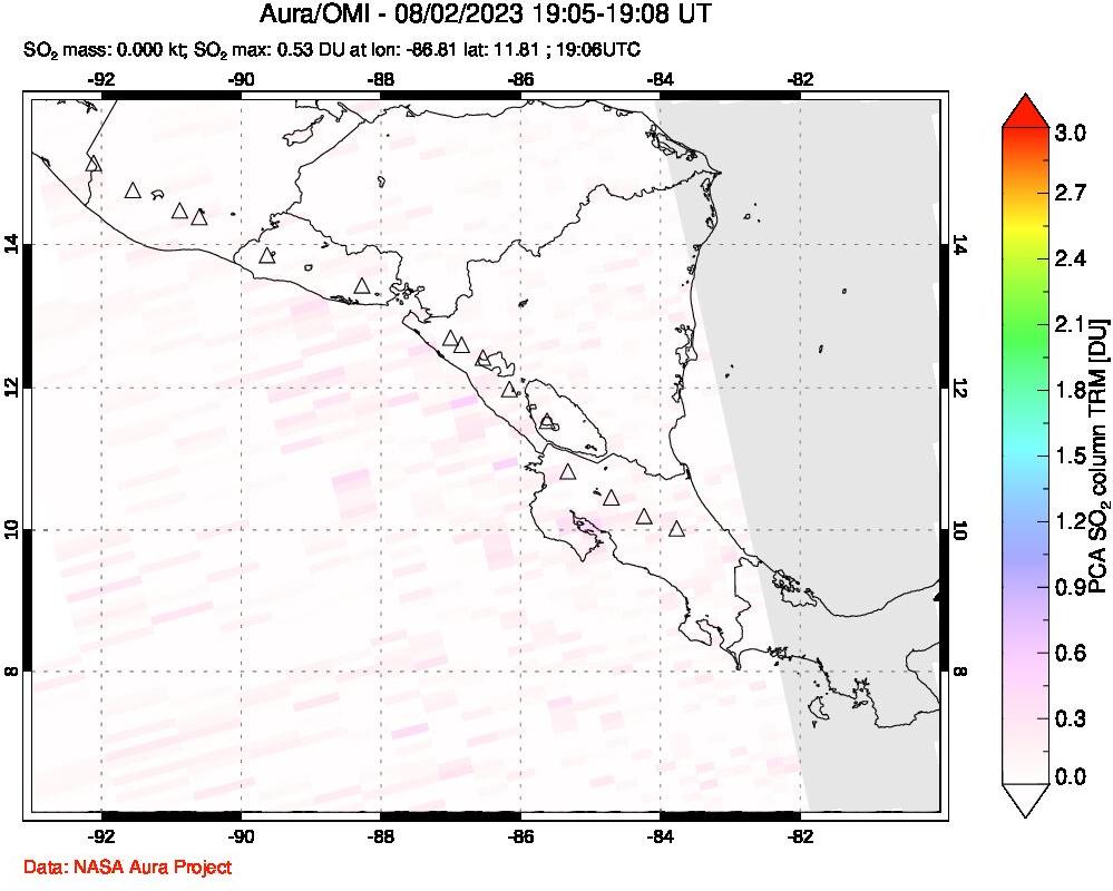 A sulfur dioxide image over Central America on Aug 02, 2023.