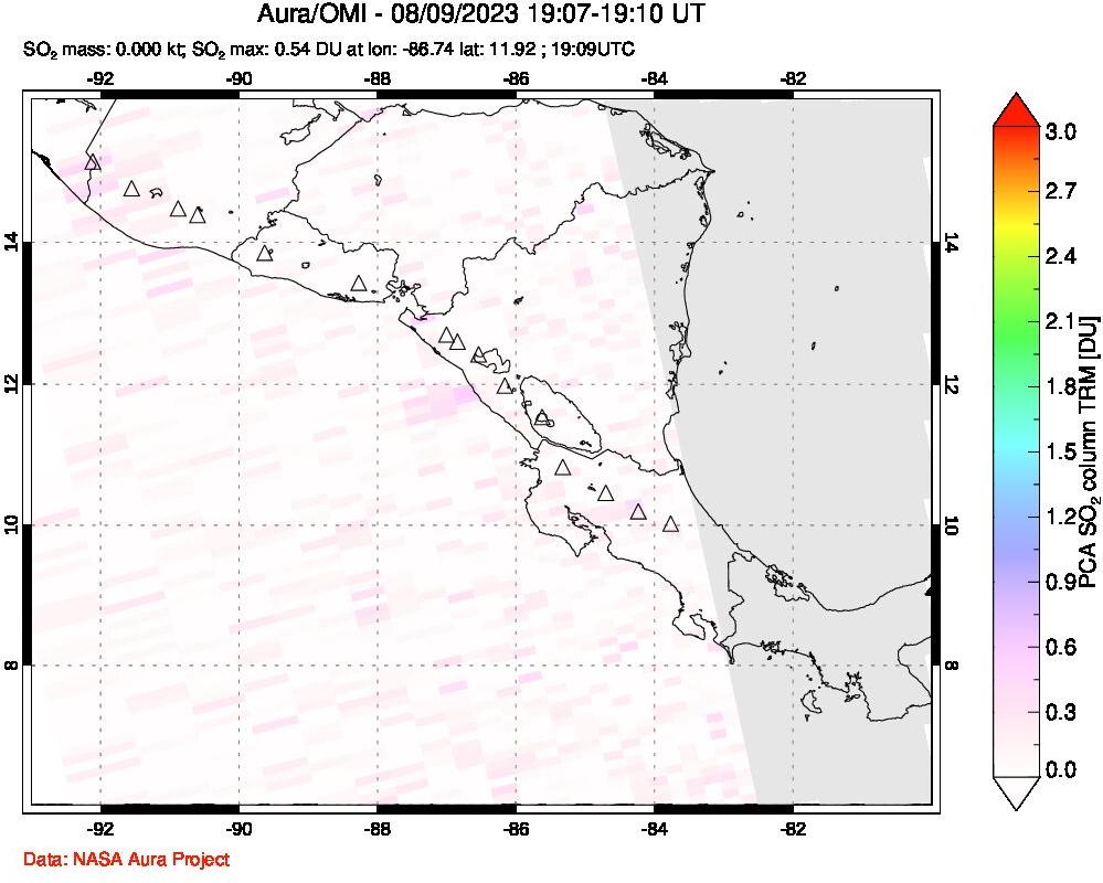 A sulfur dioxide image over Central America on Aug 09, 2023.