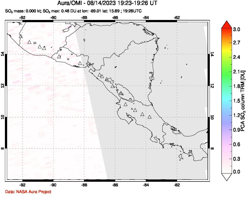 A sulfur dioxide image over Central America on Aug 14, 2023.
