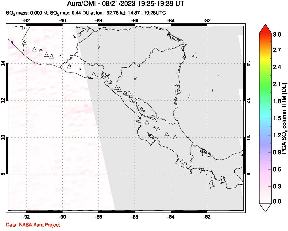 A sulfur dioxide image over Central America on Aug 21, 2023.