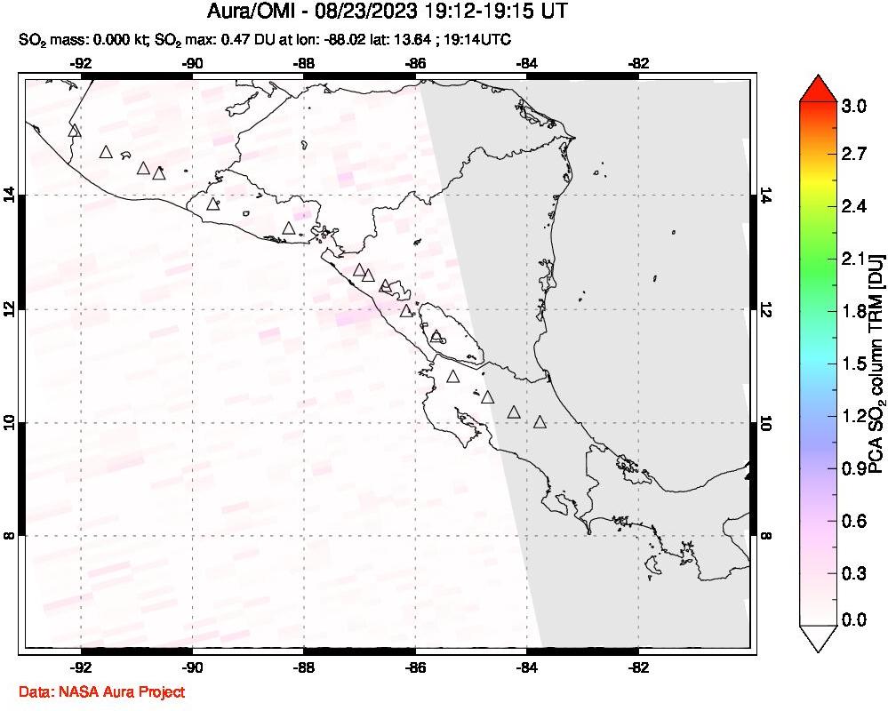 A sulfur dioxide image over Central America on Aug 23, 2023.