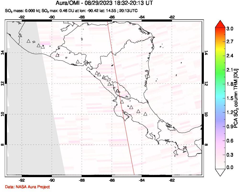A sulfur dioxide image over Central America on Aug 29, 2023.