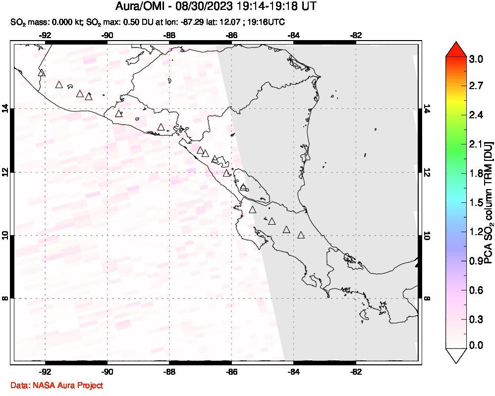 A sulfur dioxide image over Central America on Aug 30, 2023.