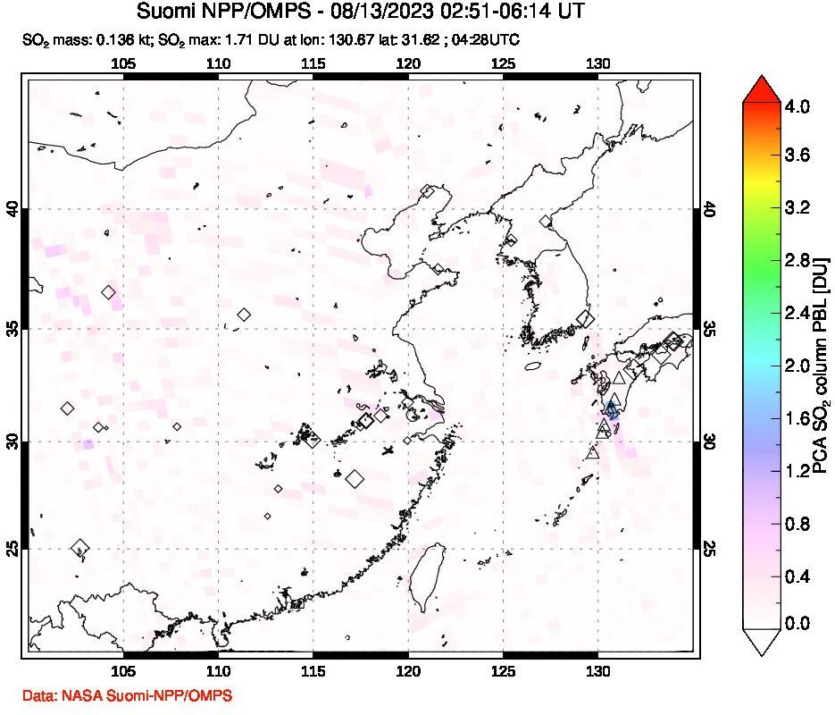 A sulfur dioxide image over Eastern China on Aug 13, 2023.