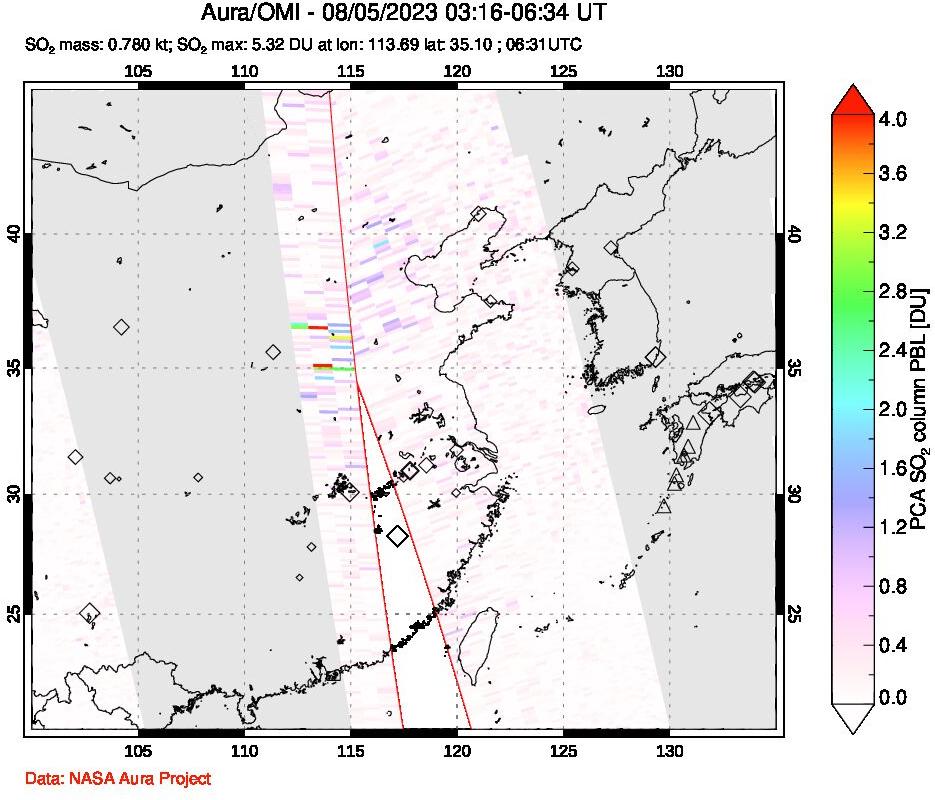 A sulfur dioxide image over Eastern China on Aug 05, 2023.