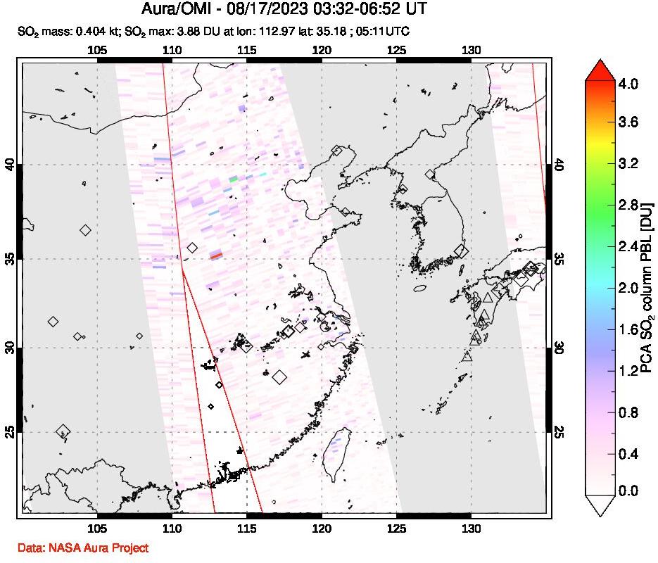 A sulfur dioxide image over Eastern China on Aug 17, 2023.