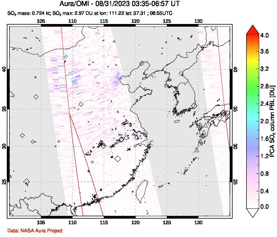 A sulfur dioxide image over Eastern China on Aug 31, 2023.