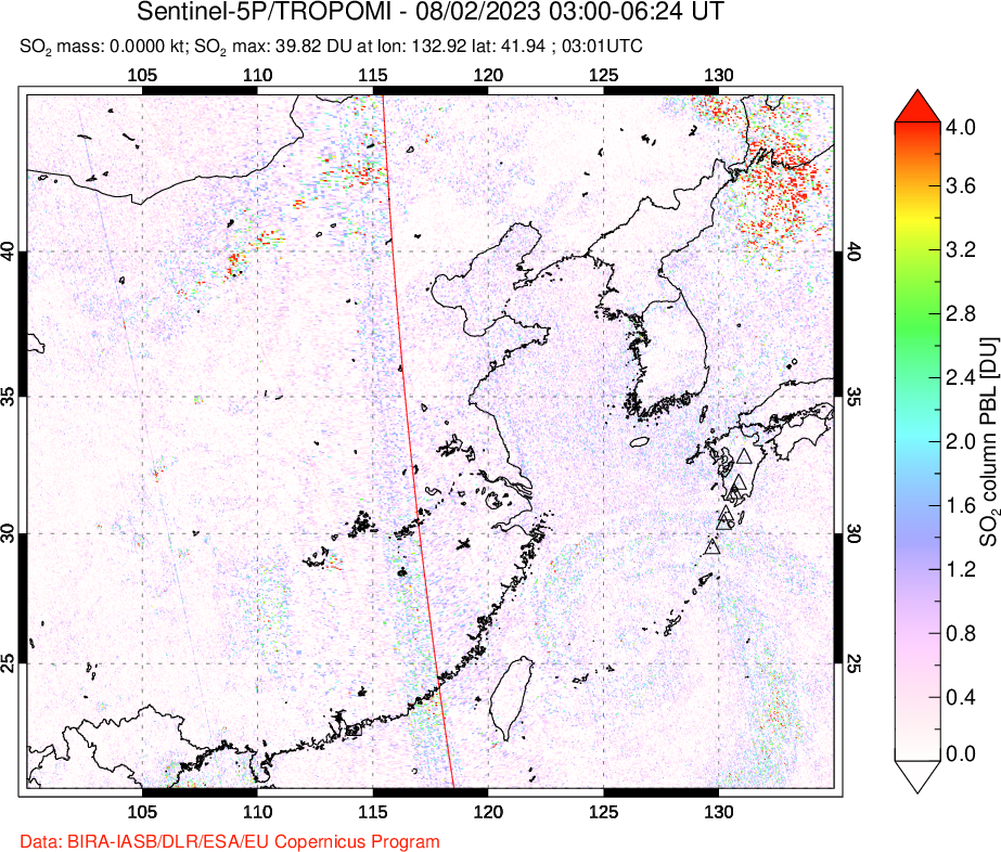 A sulfur dioxide image over Eastern China on Aug 02, 2023.