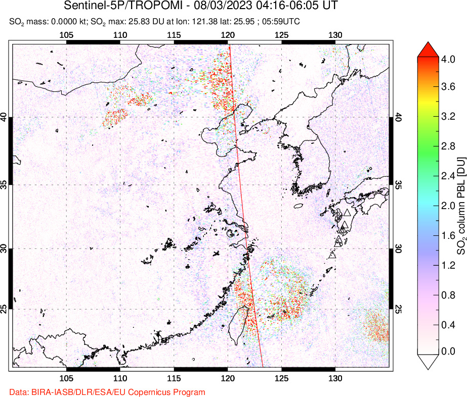 A sulfur dioxide image over Eastern China on Aug 03, 2023.