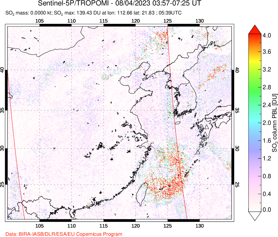 A sulfur dioxide image over Eastern China on Aug 04, 2023.