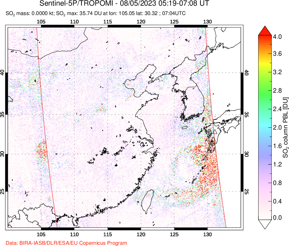 A sulfur dioxide image over Eastern China on Aug 05, 2023.