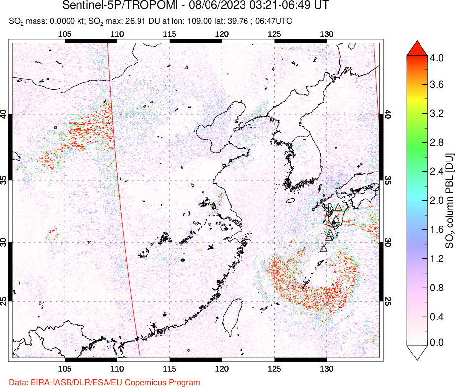 A sulfur dioxide image over Eastern China on Aug 06, 2023.