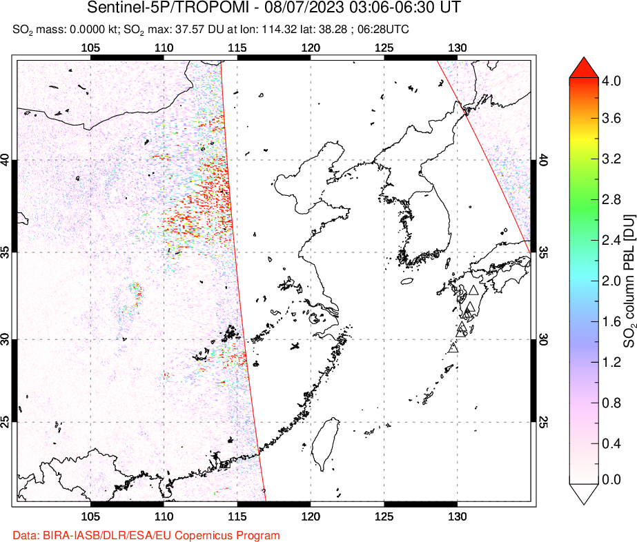 A sulfur dioxide image over Eastern China on Aug 07, 2023.