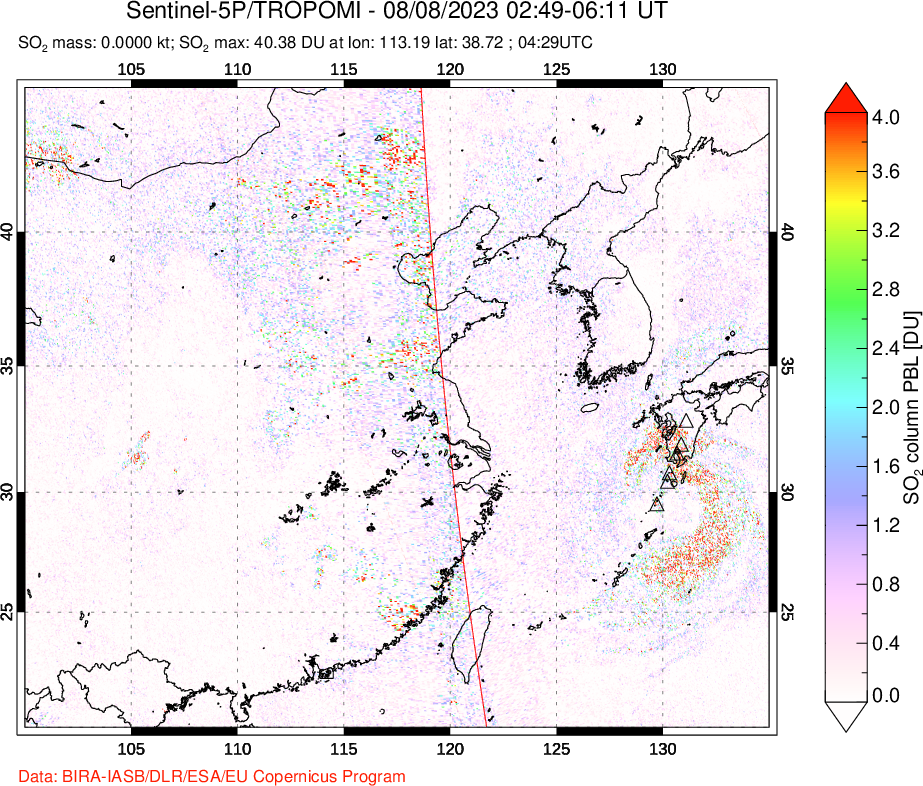 A sulfur dioxide image over Eastern China on Aug 08, 2023.