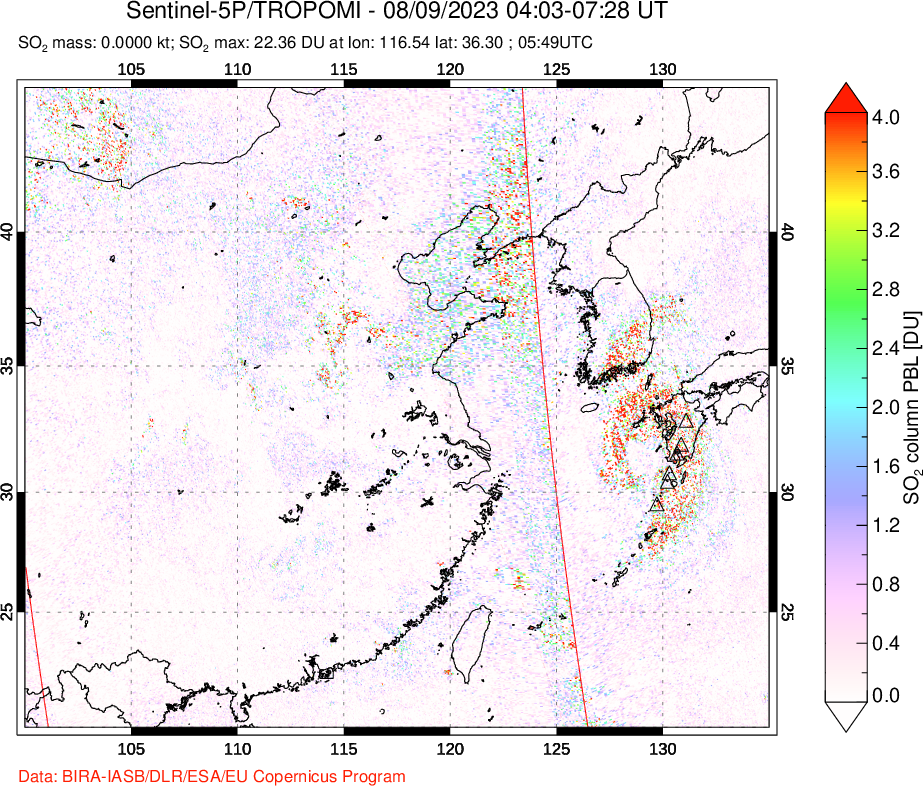 A sulfur dioxide image over Eastern China on Aug 09, 2023.