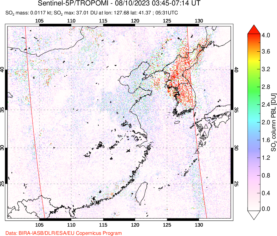 A sulfur dioxide image over Eastern China on Aug 10, 2023.