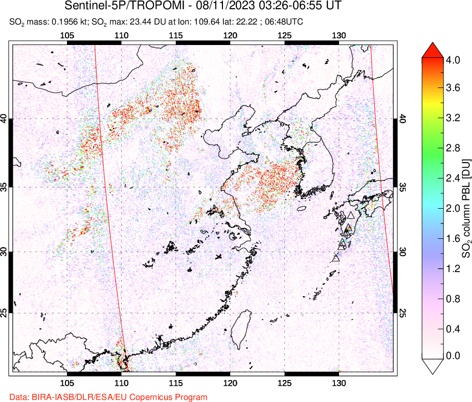 A sulfur dioxide image over Eastern China on Aug 11, 2023.