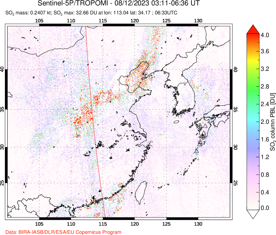 A sulfur dioxide image over Eastern China on Aug 12, 2023.