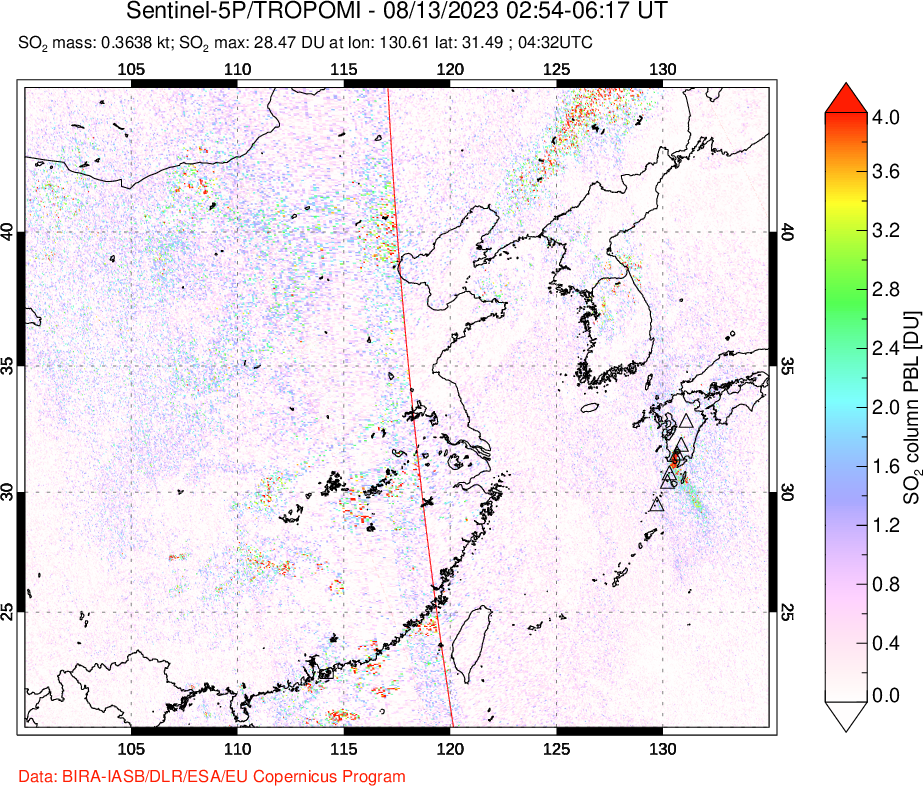 A sulfur dioxide image over Eastern China on Aug 13, 2023.
