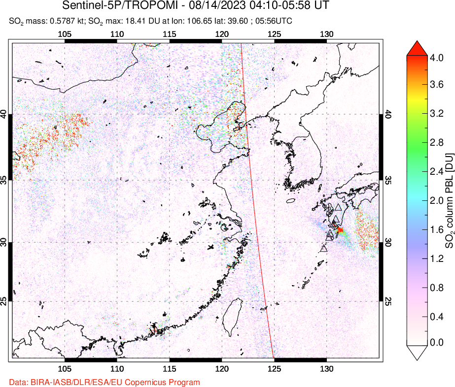 A sulfur dioxide image over Eastern China on Aug 14, 2023.
