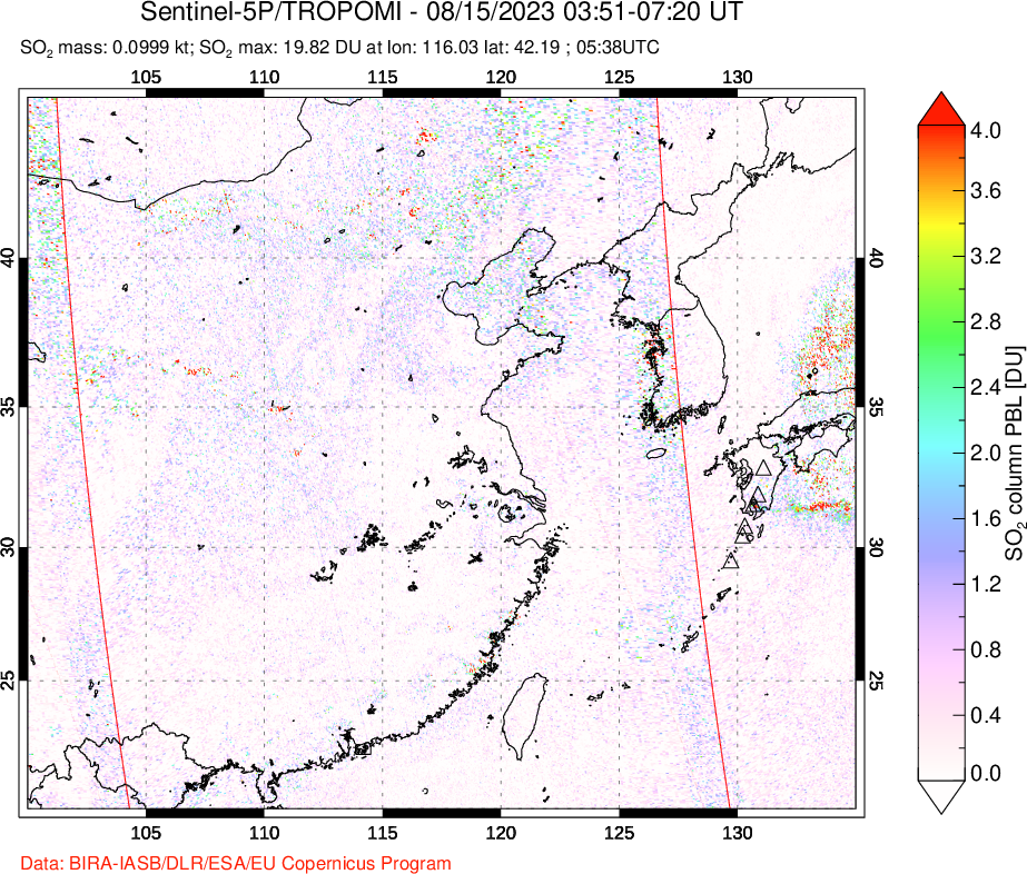 A sulfur dioxide image over Eastern China on Aug 15, 2023.