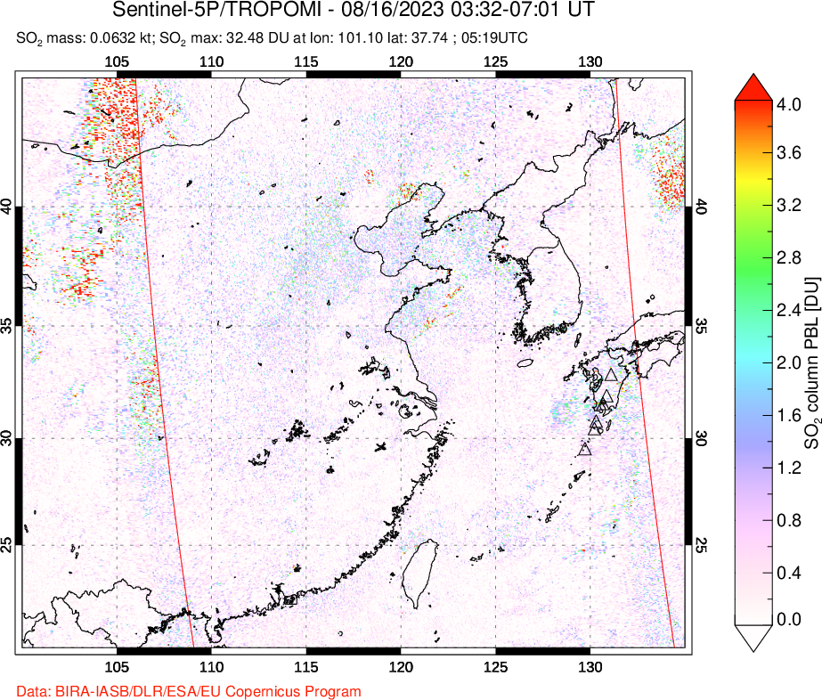 A sulfur dioxide image over Eastern China on Aug 16, 2023.
