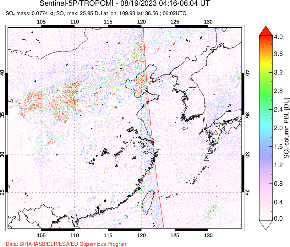 A sulfur dioxide image over Eastern China on Aug 19, 2023.
