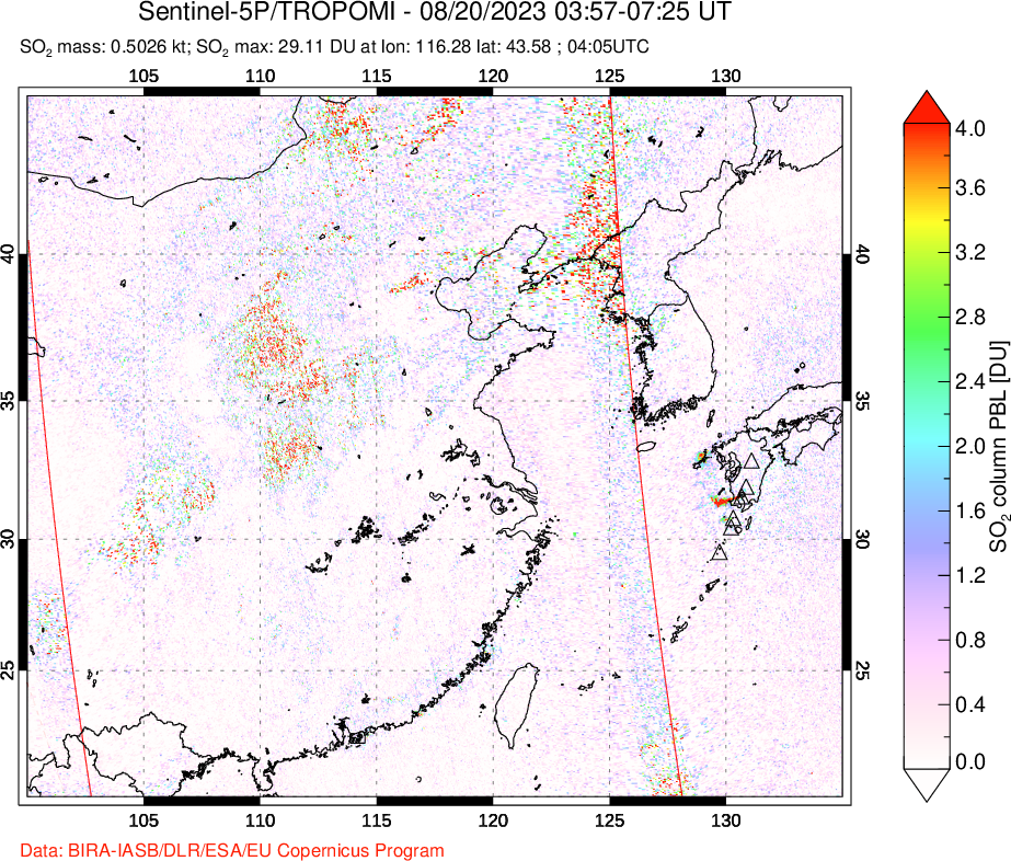 A sulfur dioxide image over Eastern China on Aug 20, 2023.